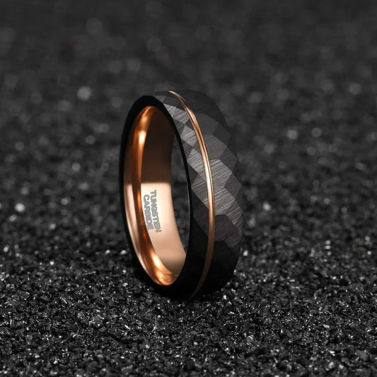 Black Tungsten Carbide Rings for Men Women Thin Rose Gold Groove Hammered Wedding Band 