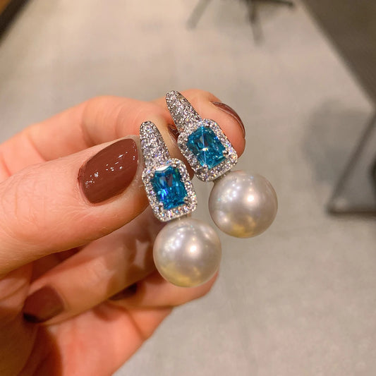 Pearl Ruby Aquamarine Stone Lab Diamond Drop Earrings 