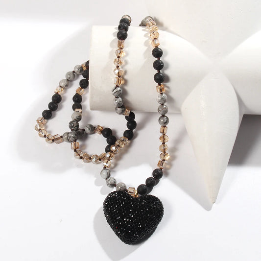 Glass Long Knotted Crystal Heart Bohemian Necklac