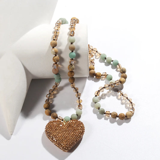 Glass Long Knotted Crystal Heart Bohemian Necklace 
