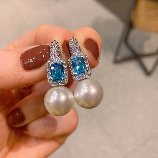 Pearl Ruby Aquamarine Stone Lab Diamond Drop Earrings 