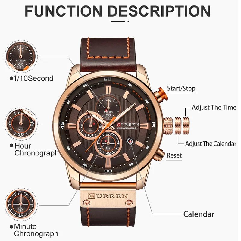 Men's Leather Sports Watches Army Military Quartz Wristwatch Chronograph