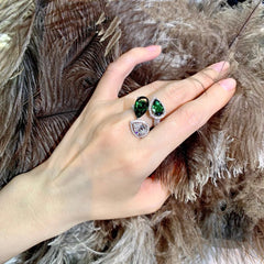 Three-stone Finger Water Drop Shaped Emerald Cubic Zirconia Ring in 925 sterling silver 