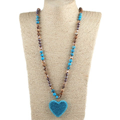 Glass Long Knotted Crystal Heart Bohemian Necklac