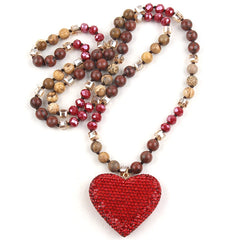 Glass Long Knotted Crystal Heart Bohemian Necklac