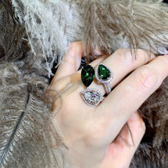 Three-stone Finger Water Drop Shaped Emerald Cubic Zirconia Ring in 925 sterling silver 