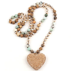 Glass Long Knotted Crystal Heart Bohemian Necklac
