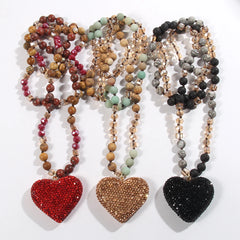 Glass Long Knotted Crystal Heart Bohemian Necklac