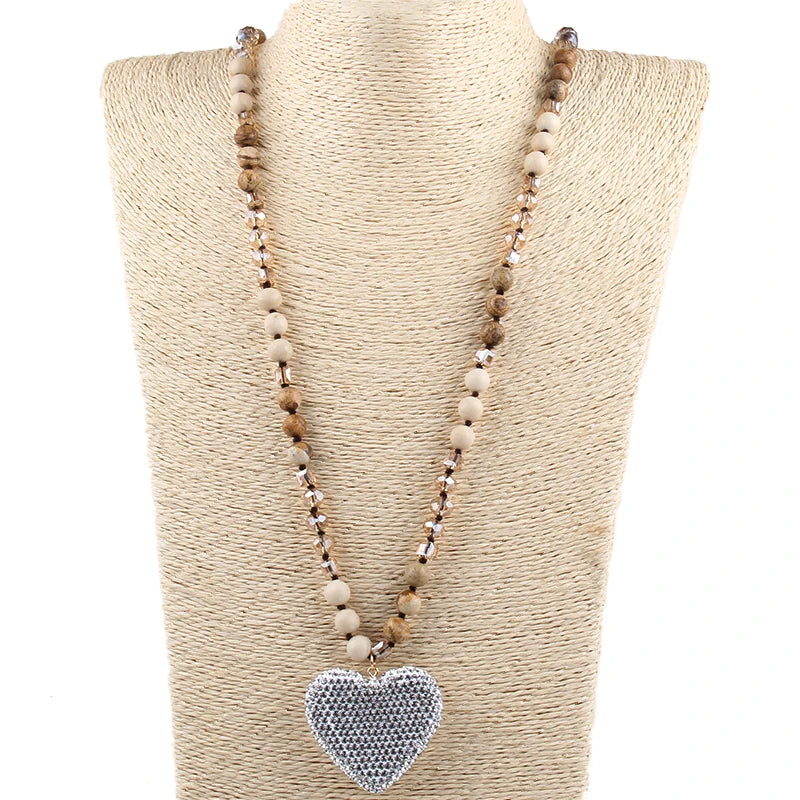 Glass Long Knotted Crystal Heart Bohemian Necklac