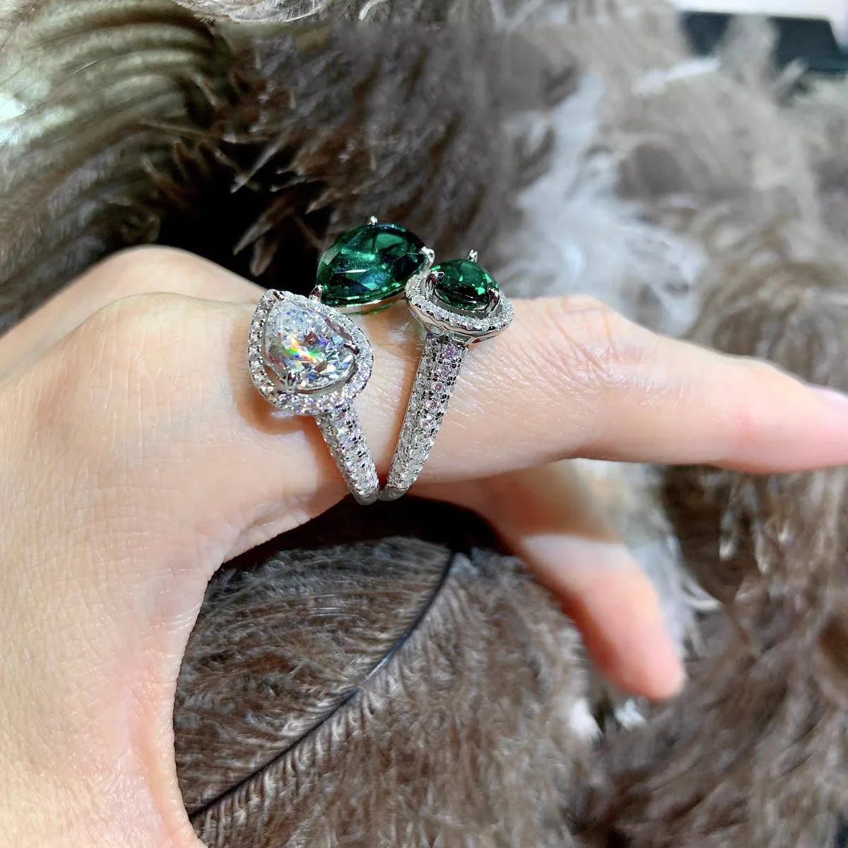 Three-stone Finger Water Drop Shaped Emerald Cubic Zirconia Ring in 925 sterling silver 