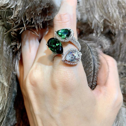 Three-stone Finger Water Drop Shaped Emerald Cubic Zirconia Ring in 925 sterling silver 