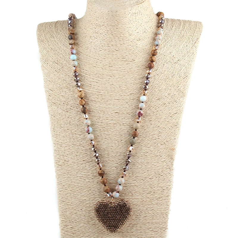 Glass Long Knotted Crystal Heart Bohemian Necklac