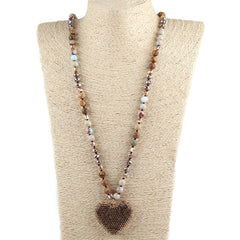 Glass Long Knotted Crystal Heart Bohemian Necklac
