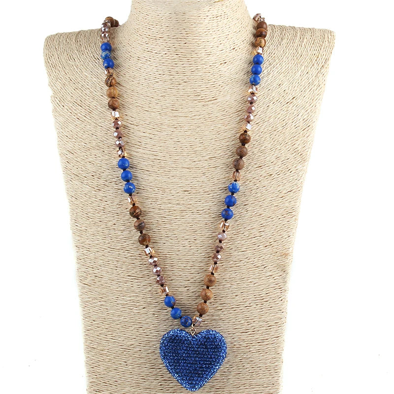 Glass Long Knotted Crystal Heart Bohemian Necklac